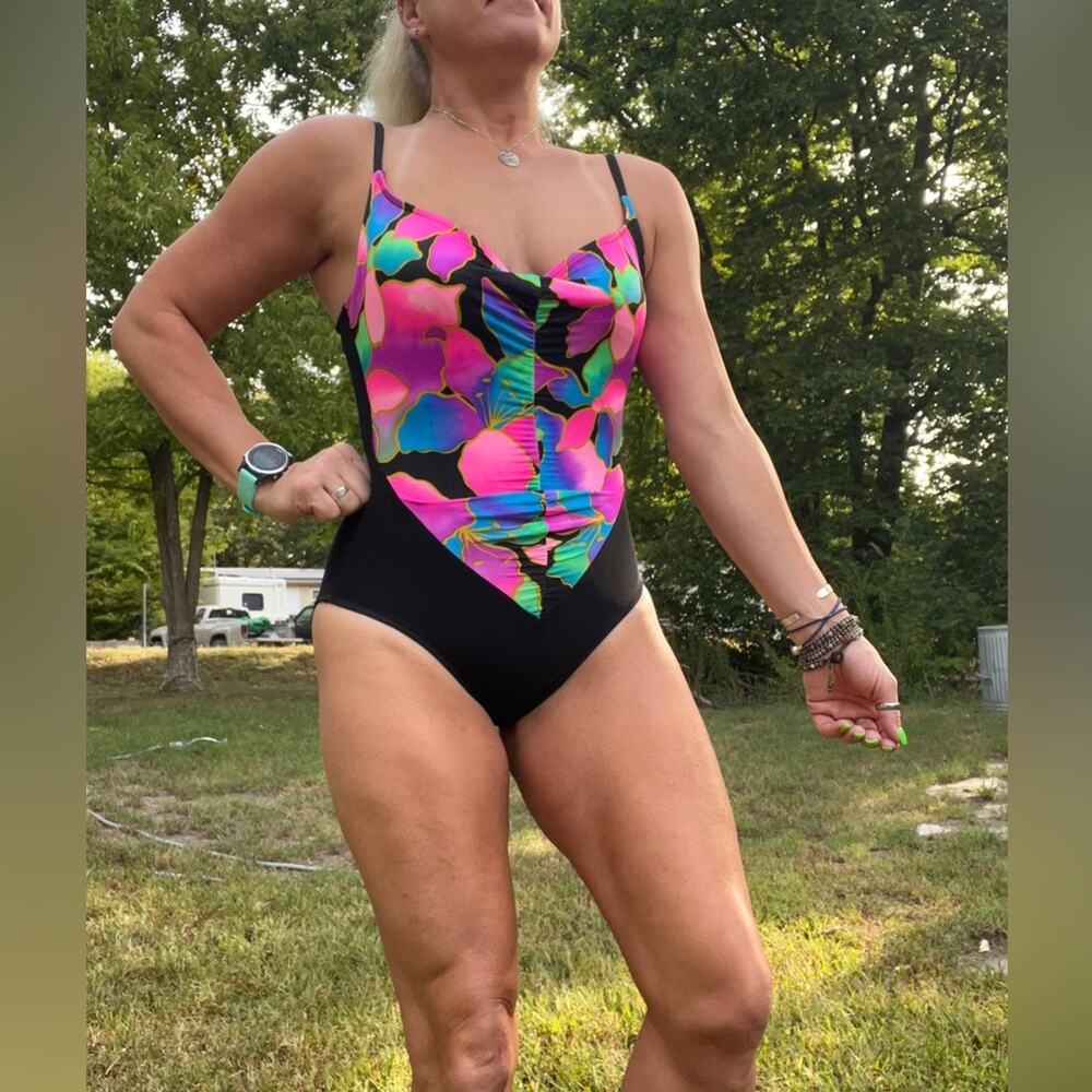 Vintage 80s 90s Tropical Neon One Piece Swimsuit The Slim Suit Underwire Size 8